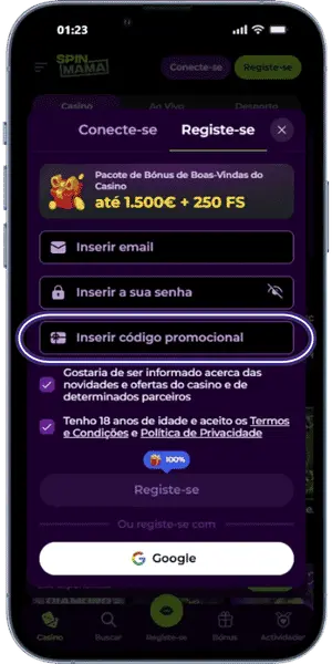 Spinmama Adicionar o código promocional